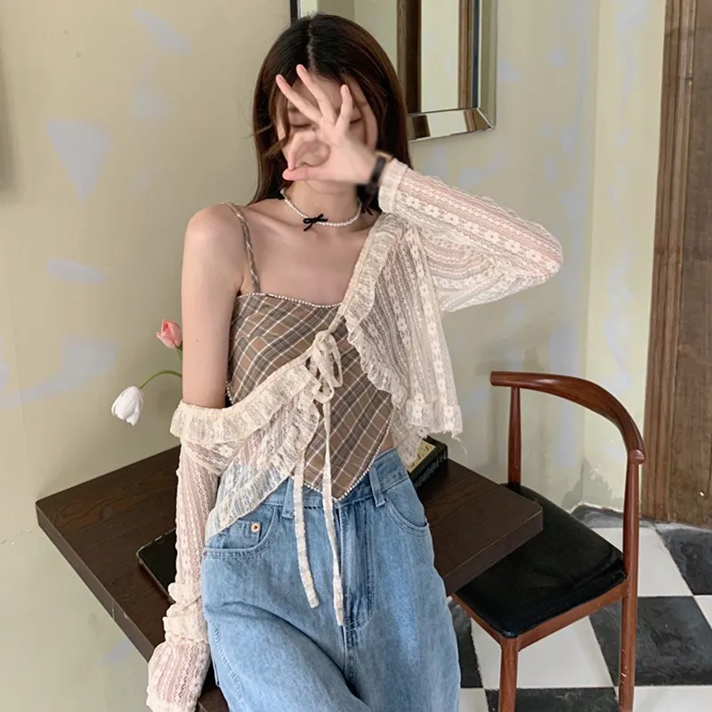 Maxct Thin Ruffles Tops Women Sunscreen Blouses Vintage Breathable Cropped All-match Basic Slim Tender Retro