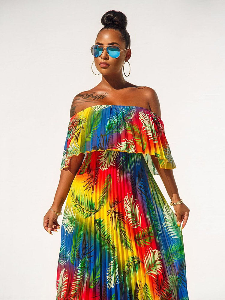 Off Shoulder Colorful Ombre Pleated Maxi Dress Maxct