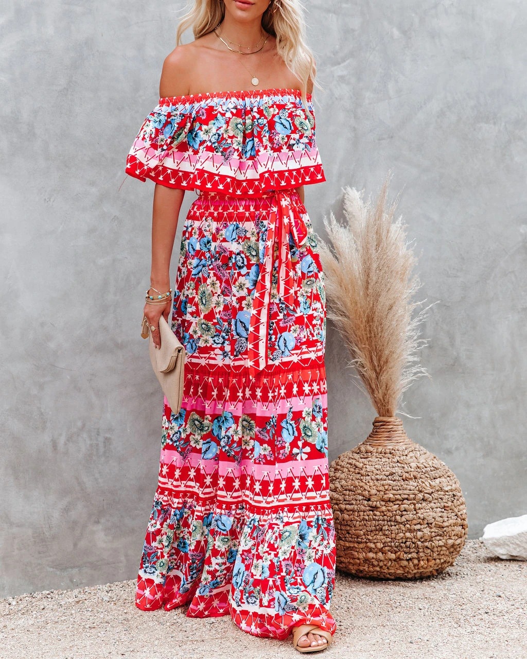 Maxct Printed Vintage Long Dresses For Women Sexy Off-Shoulder Ruffle Fashion Boho Party Maxi Dress Ladies Beach Sundress 9967