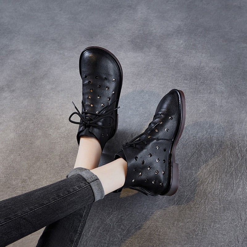 Women Summer Leather Hollow Lace Up Soft Sole Boots