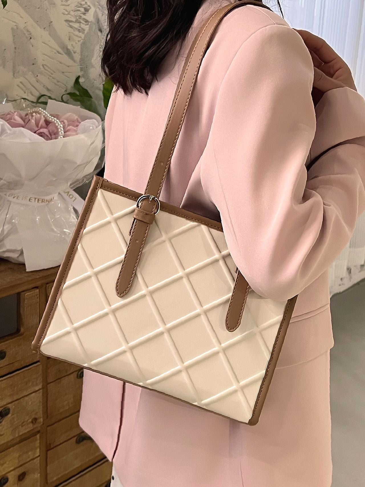 Maxct - Two Tone Textured Shoulder Tote Bag  - Women Tote Bags