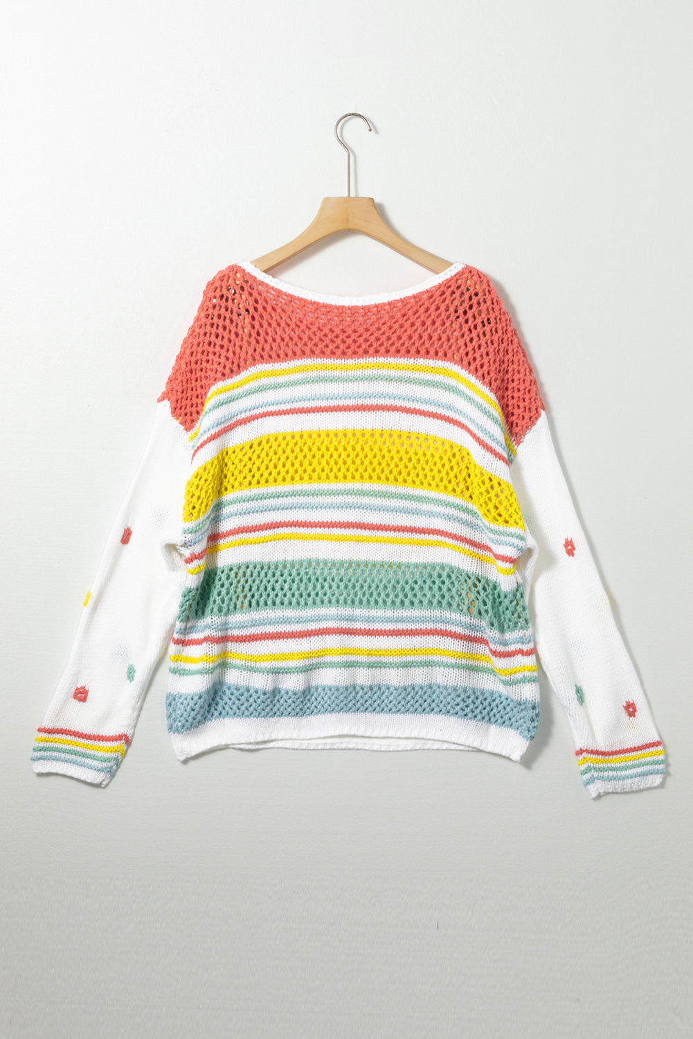 Maxct &Hollow Striped Color Block Round Neck Sweater