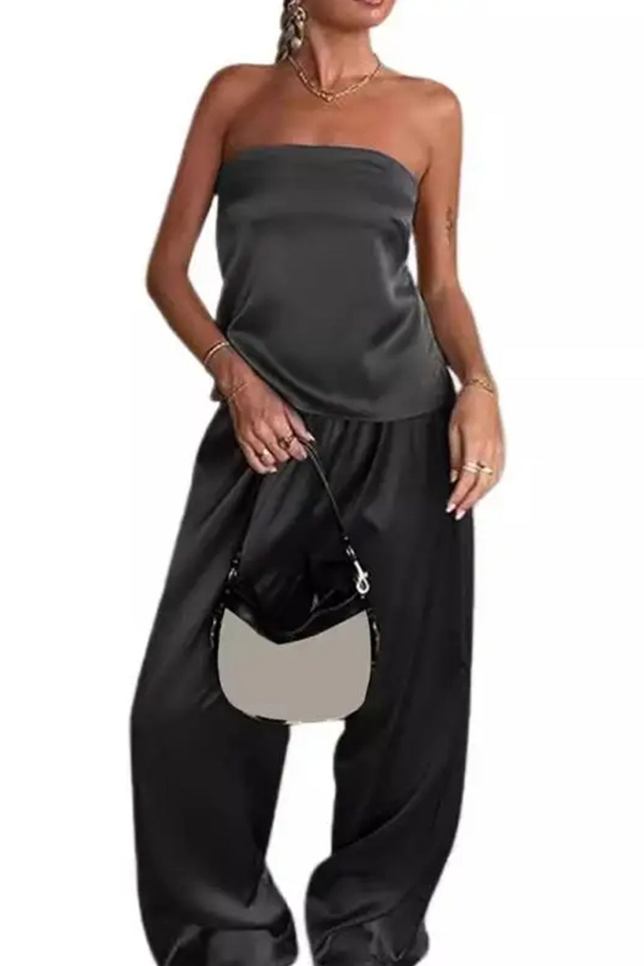 Maxct Satin Solid Tube Top Long Pants Suits