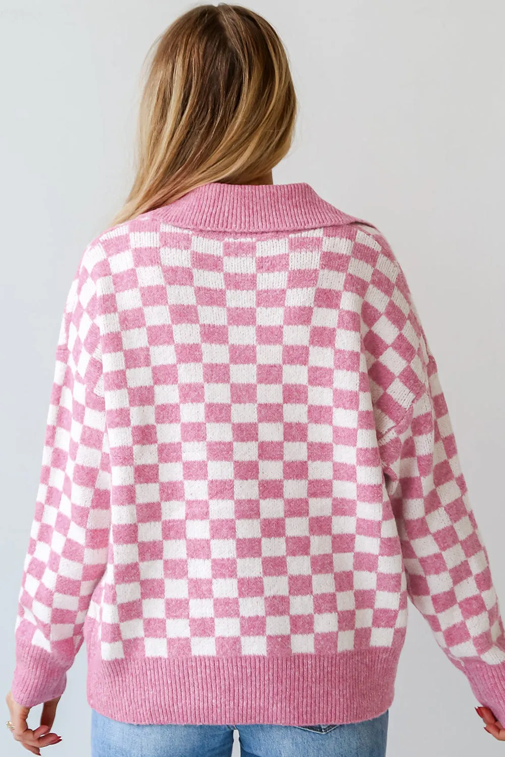Maxct &Checkered Collared Neck Long Sleeve Sweater