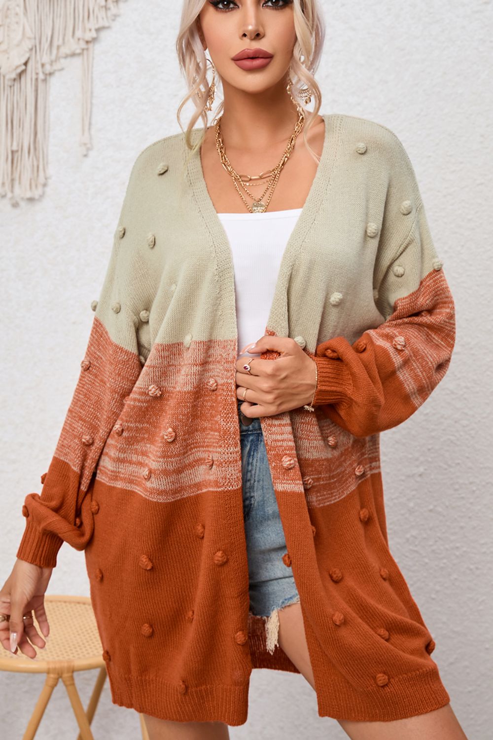 Maxct &Pompom Color Block Open Front Cardigan