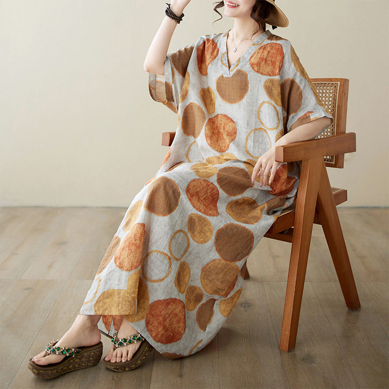 Women Summer V-Neck Cotton Linen Loose Dress