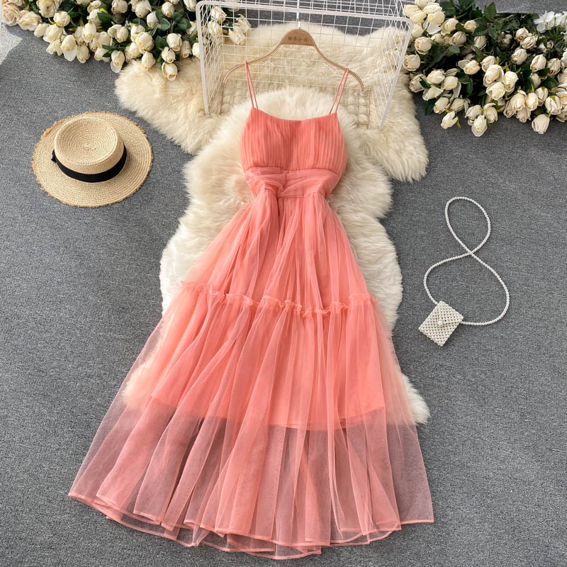 Women's Sexy Mesh Spaghetti Strap Long Dress Summer Orange/Purple/Blue/Pink Ruffle A-Line Beach Robe Female Elegant Party Vestidos