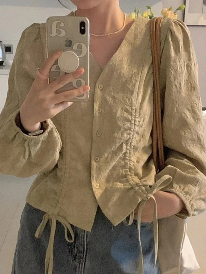 Maxct Lace Up Button Front Long Sleeve Blouse