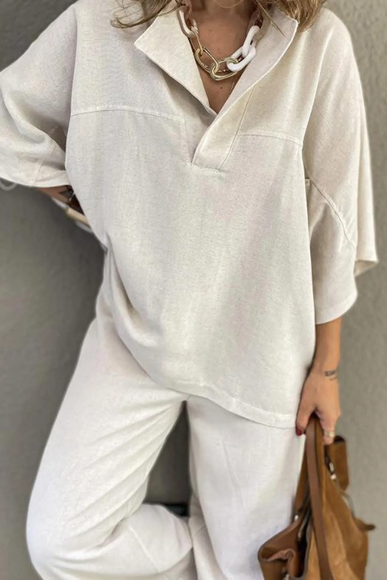 Maxct Lapel Shirt Slit Hem Long Pants Set