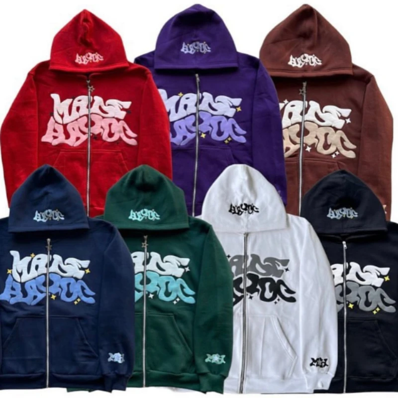 Maxct Y2K Zip Up Hoodie Harajuku Men Letter Graphic Printing Oversized Hoodie Sweatshirt Punk Rock Gothic Clothes Tops Streetwear