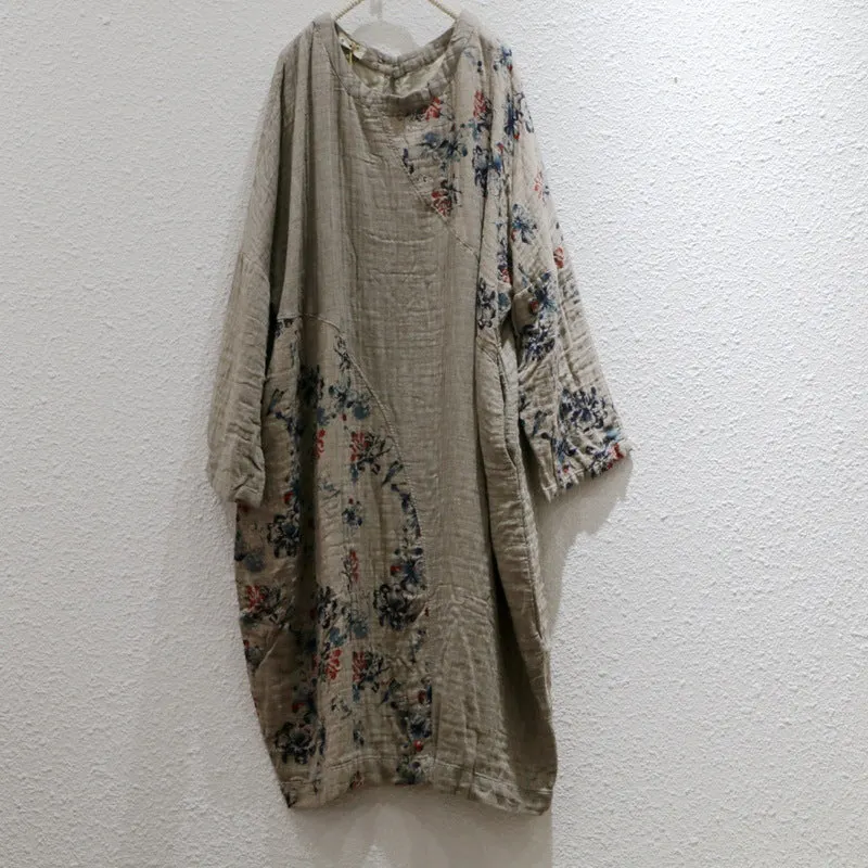 Spring Loose Soft Vintage Ethnic Style Printed Cotton Linen Dresses