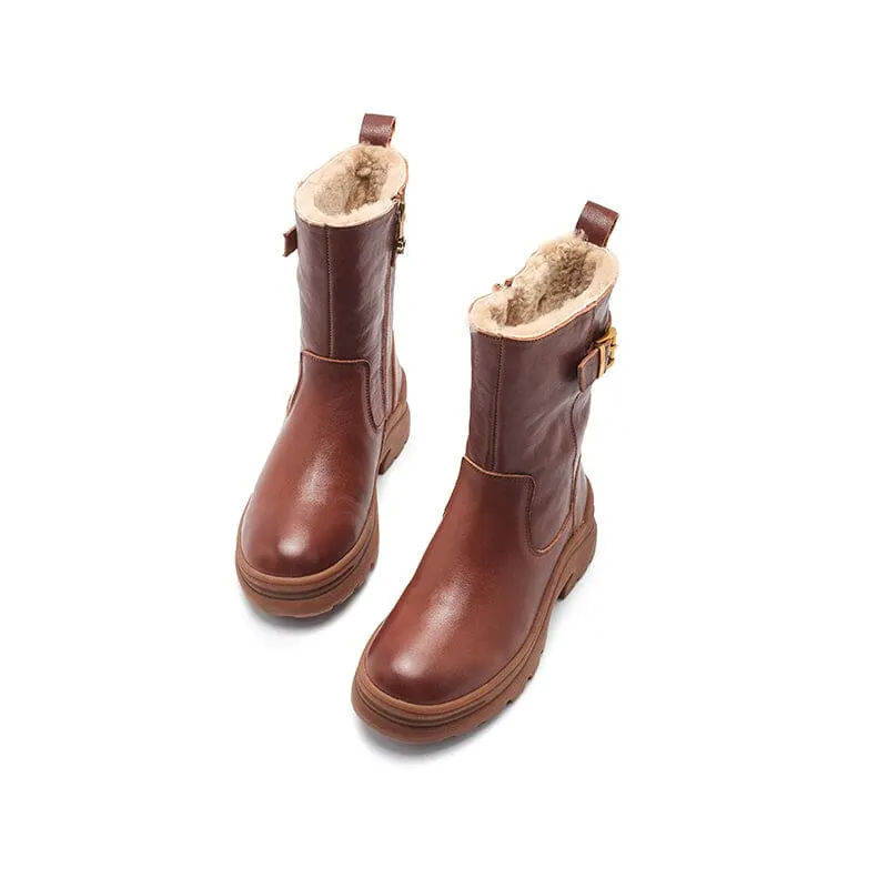 Womens Retro Mid Calf Boots Shearling Lined for Cold Winter Snow Boots Maxct
