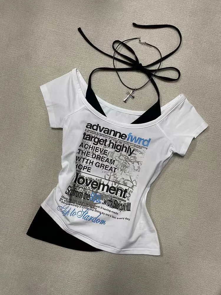American Retro Y2K Fake Two Letter Printed T-Shirt Women Fashion Streetwear Hot Girls Slim Sexy Harajuku Millennium Casual Top