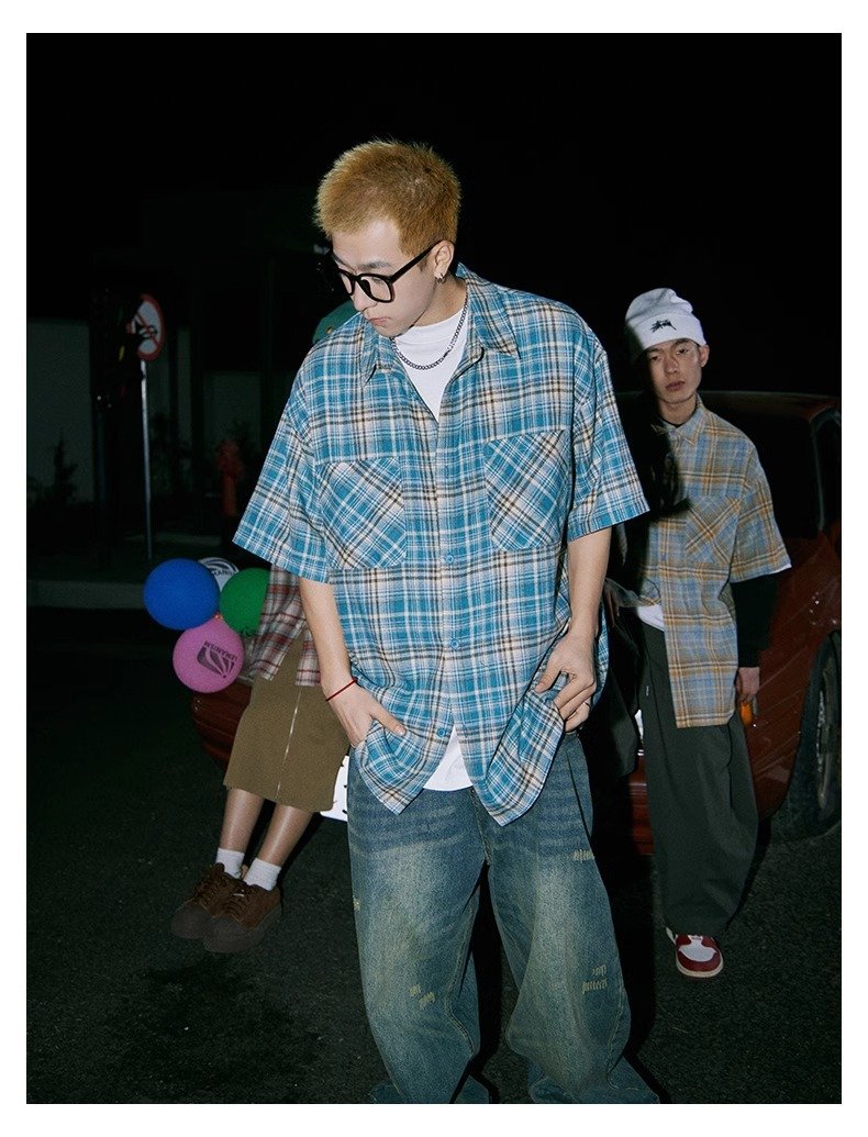 Maxct 90s Streetwear Japanese Niche Plaid Short-sleeved Shirt Men's Summer New Loose Trendy Brand All-match Shirt Couple's Coat Top