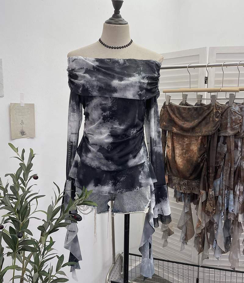 Maxct off-Shoulder Ribbon Tie-Dyed Printed Mesh Shirt Top Hot Girl Design Pleated Long Sleeve T-shirt 8003