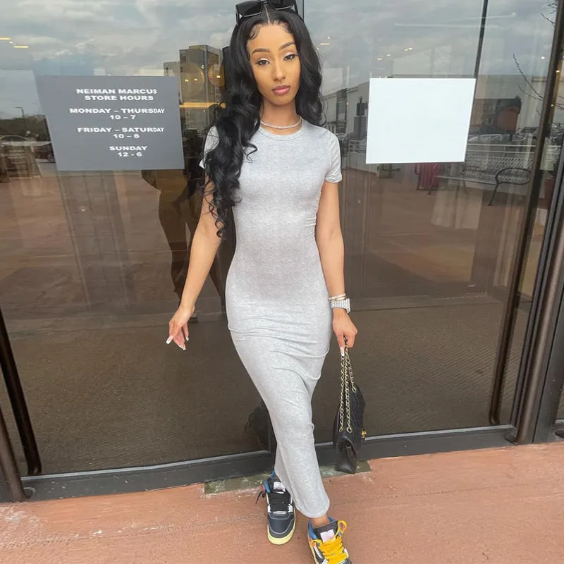Voguable Short Sleeve O-Neck Solid Bodycon Dress Streetwear Y2K Party Casual Club Maxct