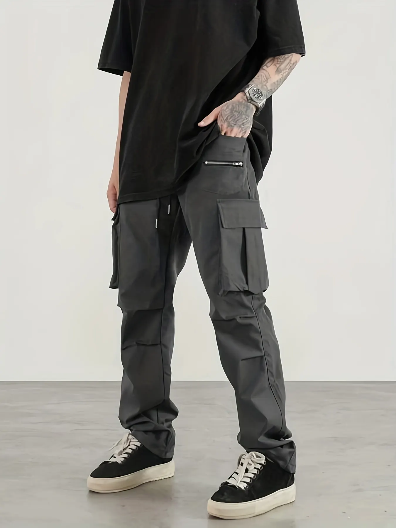 Men's Casual Cargo Pants, Regular Multi Pocket Waist Drawstring Work Pants For Outdoor Activities