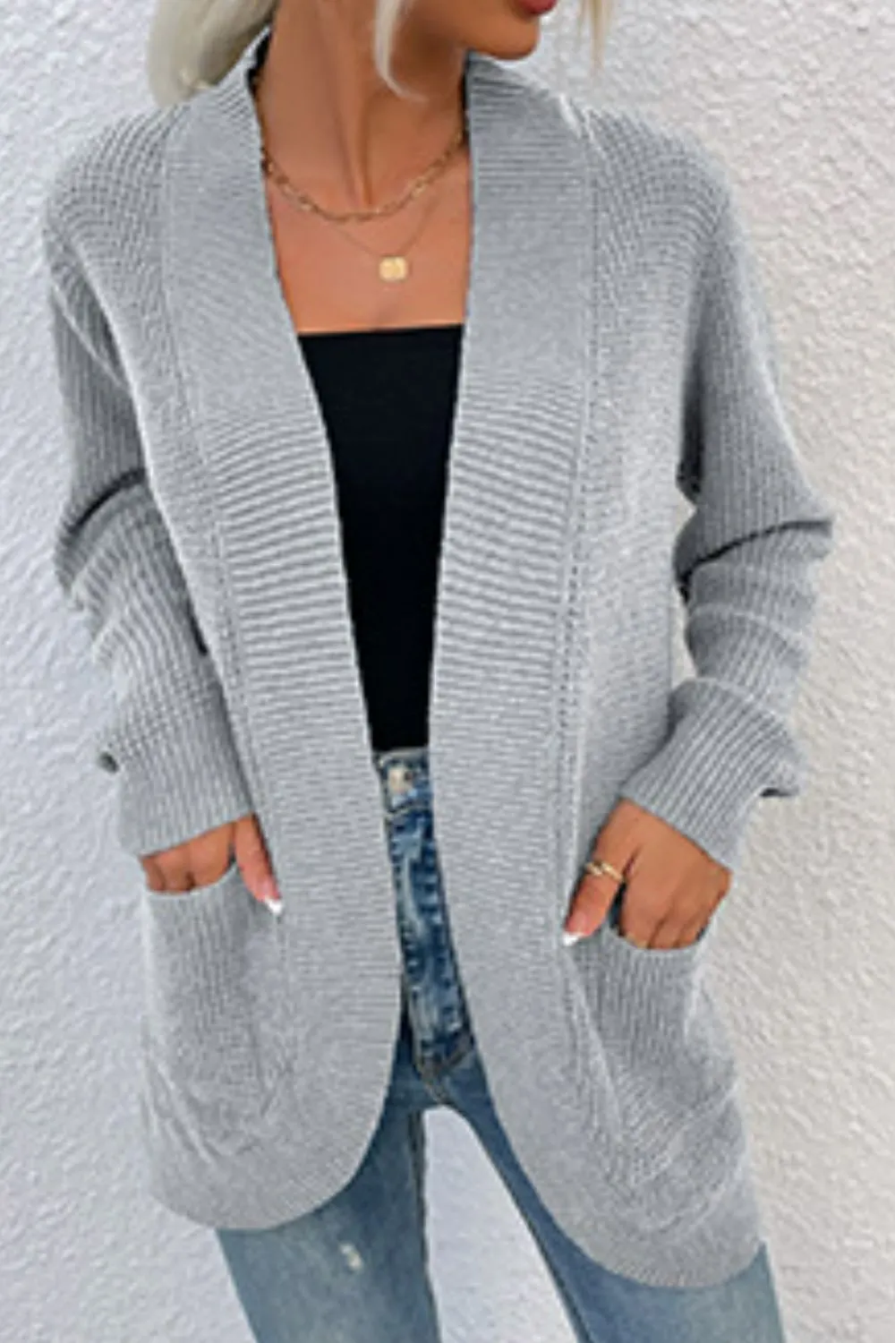 Maxct &Open Front Rib-Knit Cardigan with Pockets