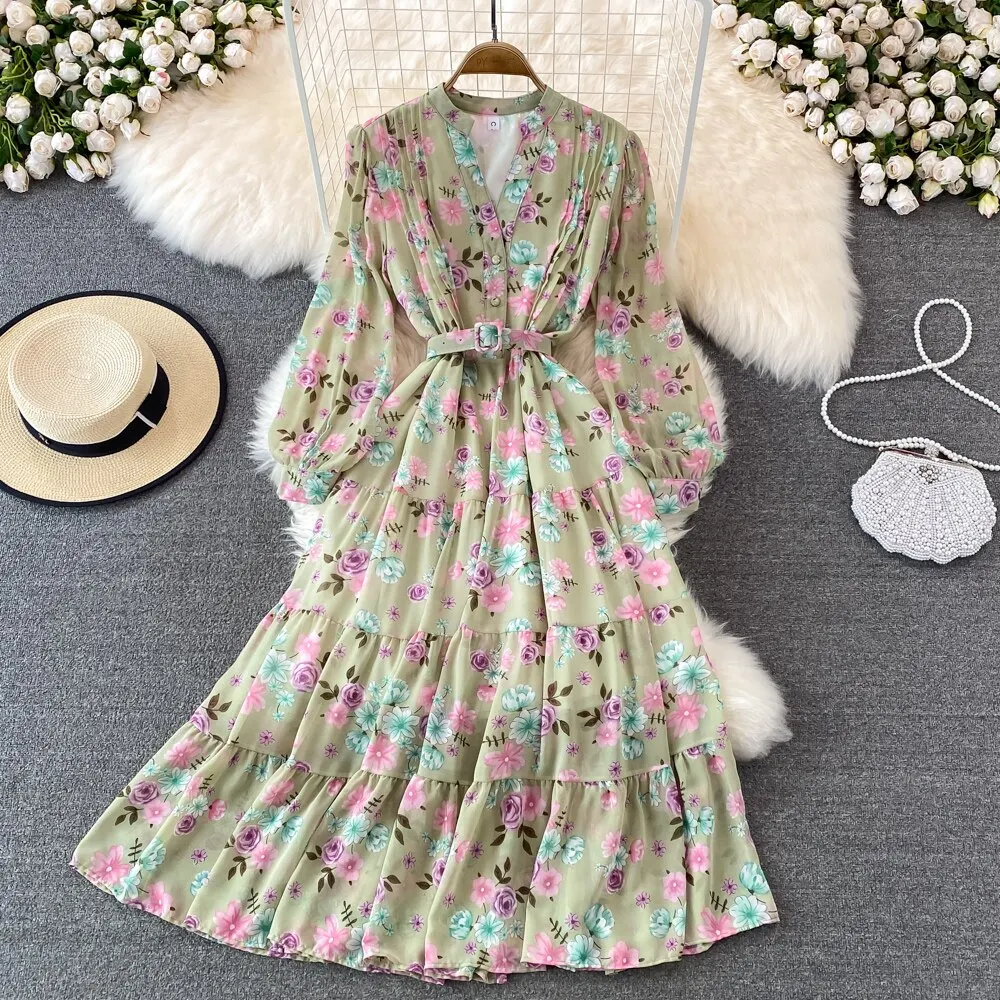 Floral Midi Dress Women Elegant V-Neck Lantern Long Sleeve High Waist Draped A-Line Casual Vestidos Female Spring Autumn