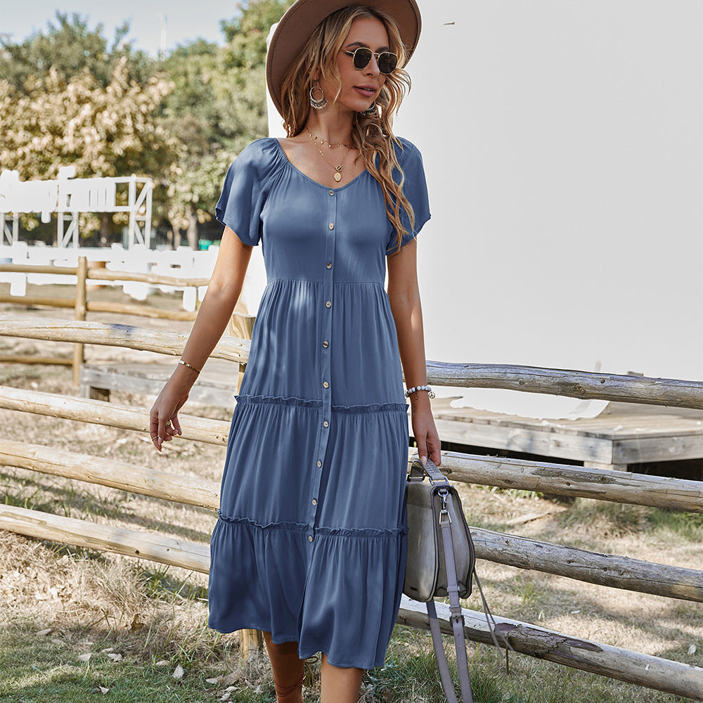 Button Up Frill Trim Dress Maxct