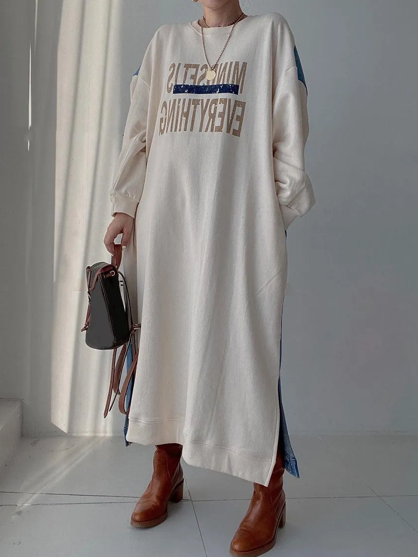 Maxct Simple Letter Print Denim Splt-joint Long Sleeve Sweatshirt Dress