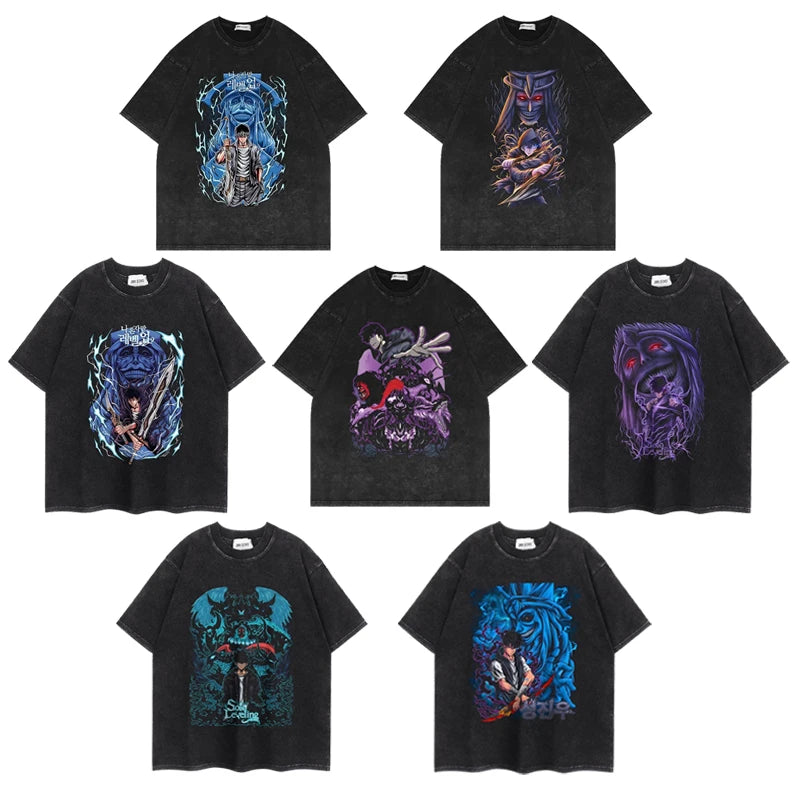 Maxct 90s Streetwear Solo Leveling Anime T Shirt Men Harajuku Printed Pattern Men Clothing Streetwear Oversized Tops Graphic Cotton Short Sleeve