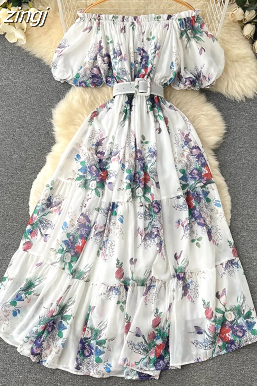 Maxct Bohemian Floral Chiffon Long Dress Women Sexy Off Shoulder Ruffle Puff Short Sleeve High Waist A-Line Big Swing Vestidos