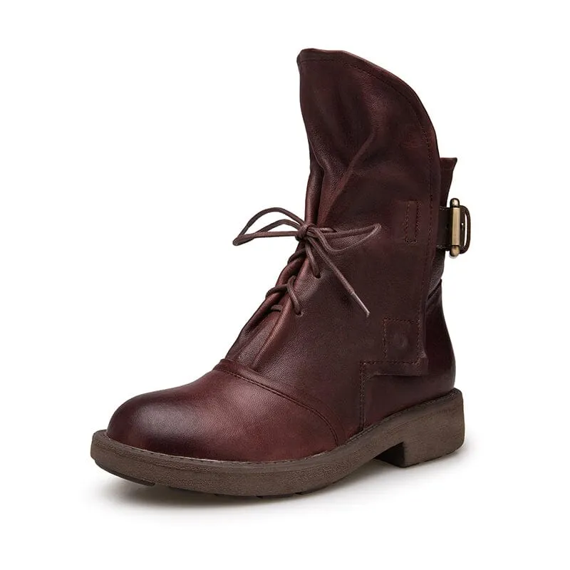 Womens Retro Sheepskin Short Boots for Winter Lace Up Buckles Boots Coffee/Black Maxct