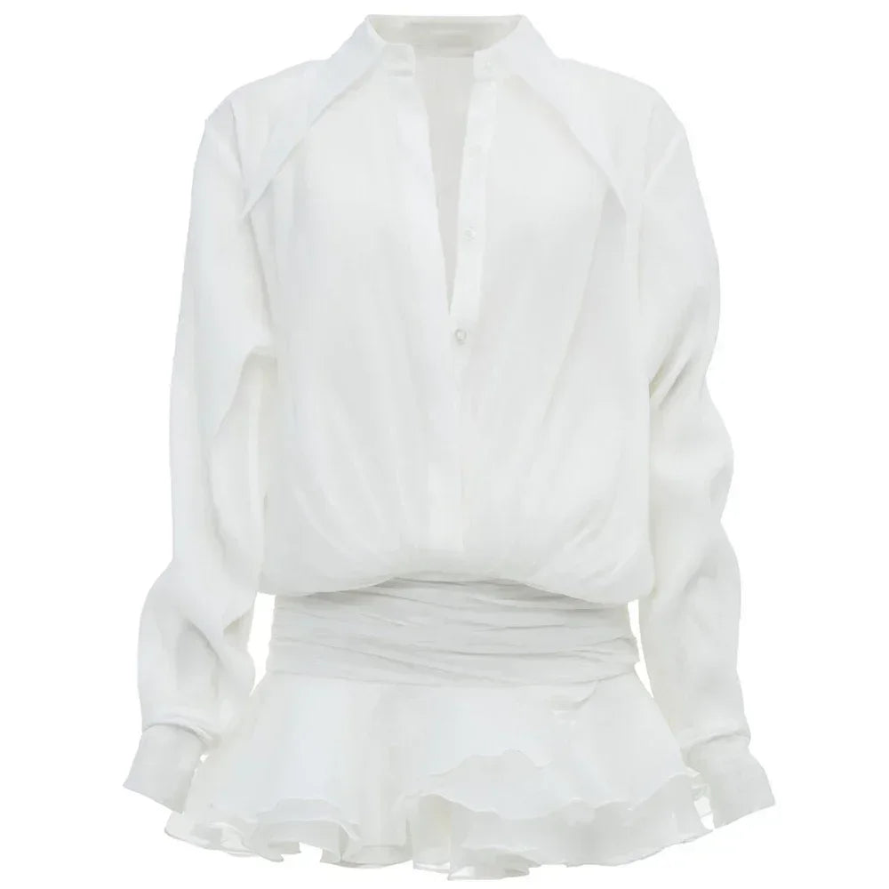 Maxct New Chiffon Mini Dress Women's Ruffled Splice Pleated Dress Mesh See-through Loose Oversized Shirt Dress Cover-Up Clothes