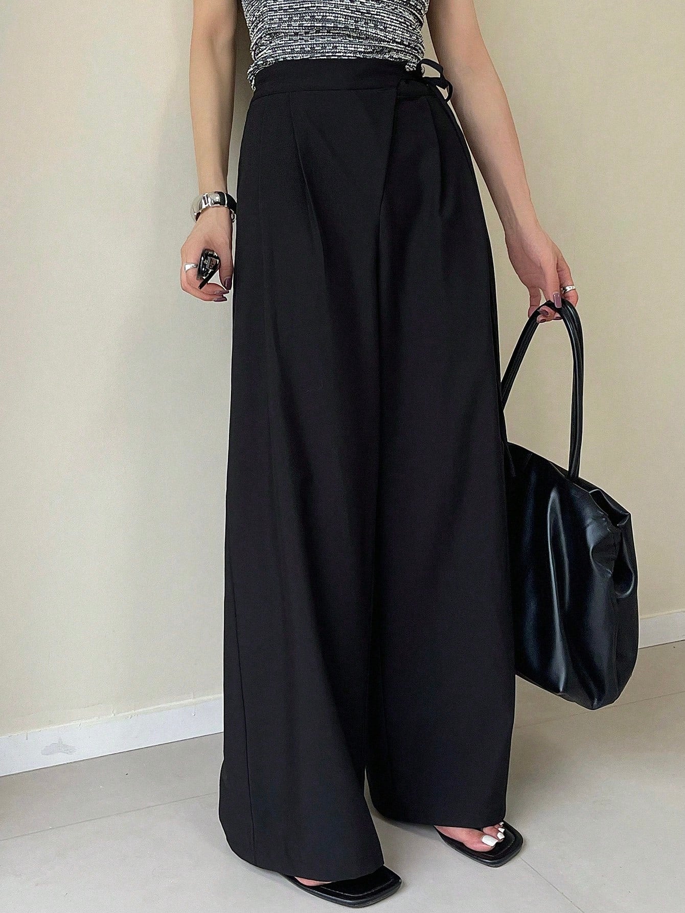 Maxct Solid Color Asymmetric Thin Strap Wide Leg Pants Women's Suit Trousers