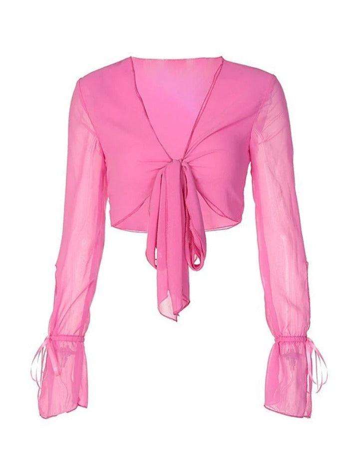 Maxct Cropped Lace Up Mesh Long Sleeve Blouse