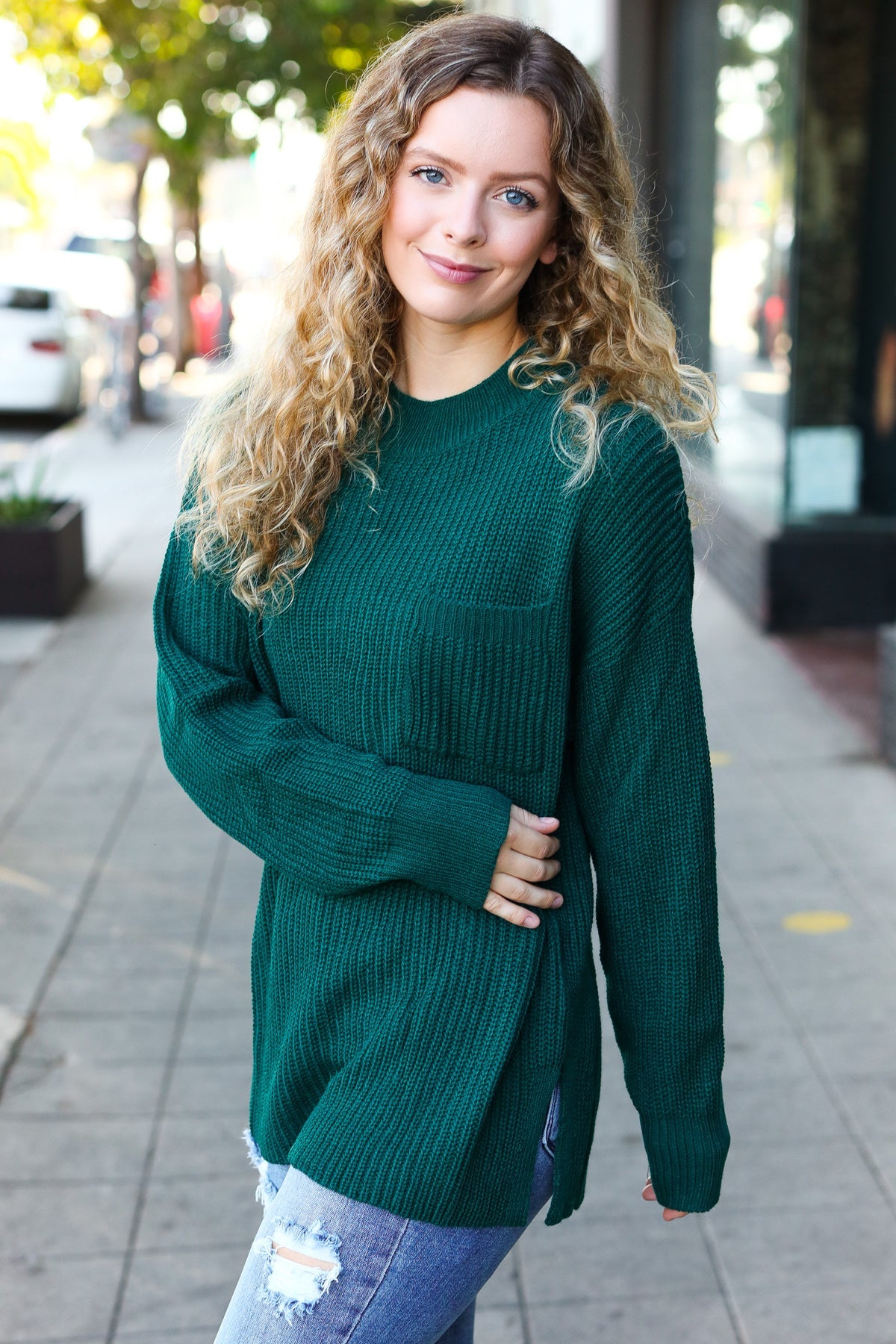 Maxct &Classy Chic Hunter Green Mock Neck Chest Pocket Knit Sweater