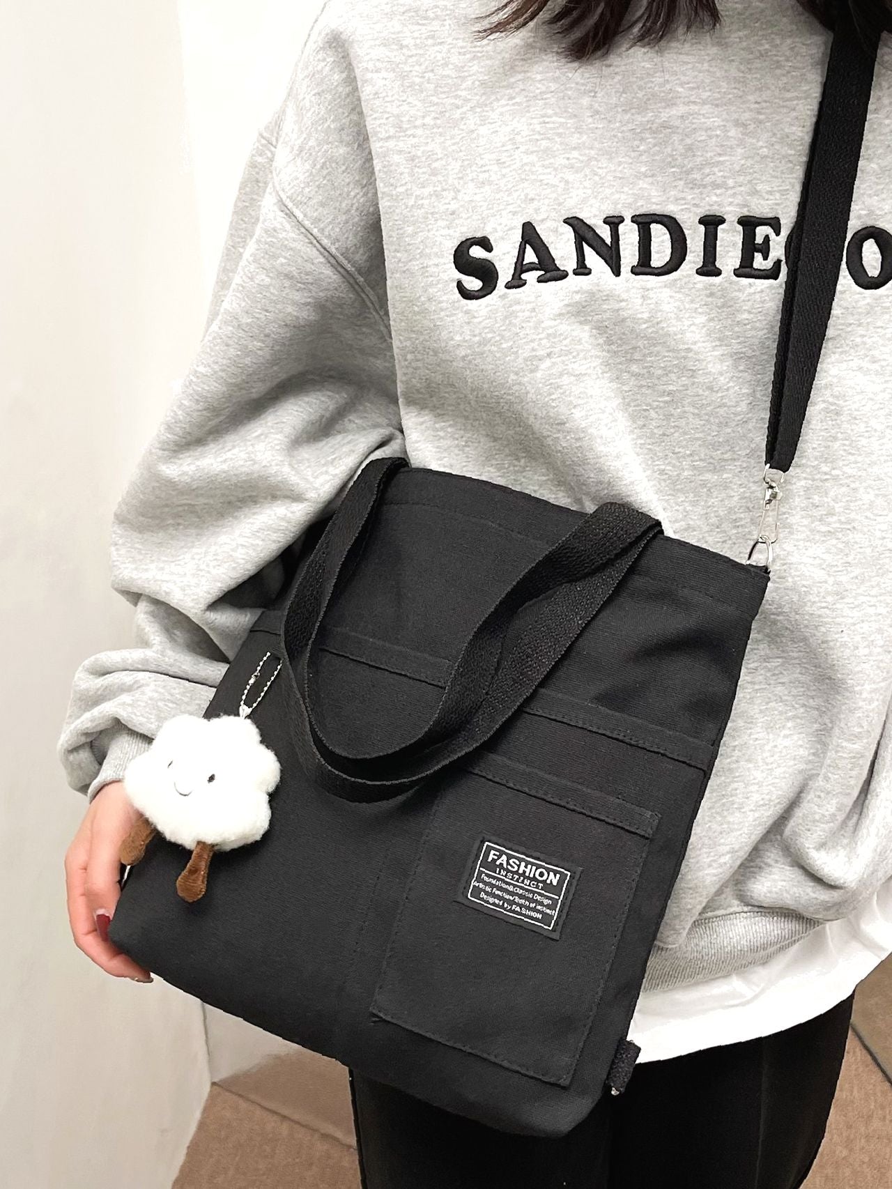 Maxct - Letter Graphic Shopper Bag with Bag Charm  - Women Tote Bags