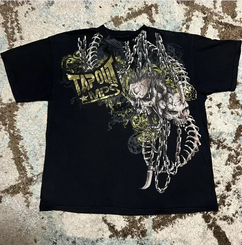 Maxct Women T-shirts Street Gothic Dark Style Vintage Plus Size Loose Casual High Street Print Designs Y2k Summer Hip Hop Clothing Top