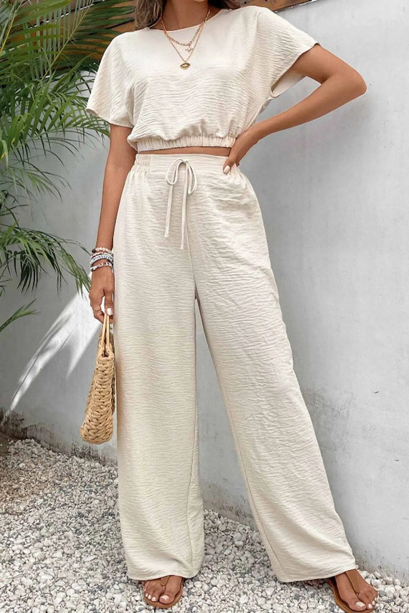 Maxct Batwing Sleeve Drawstring Straight Long Pants Set