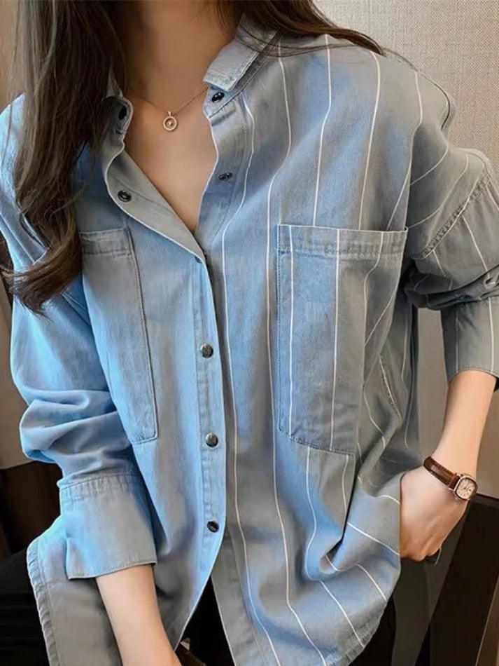 Maxct Vintage Striped Splice Denim Blouses&Shirts