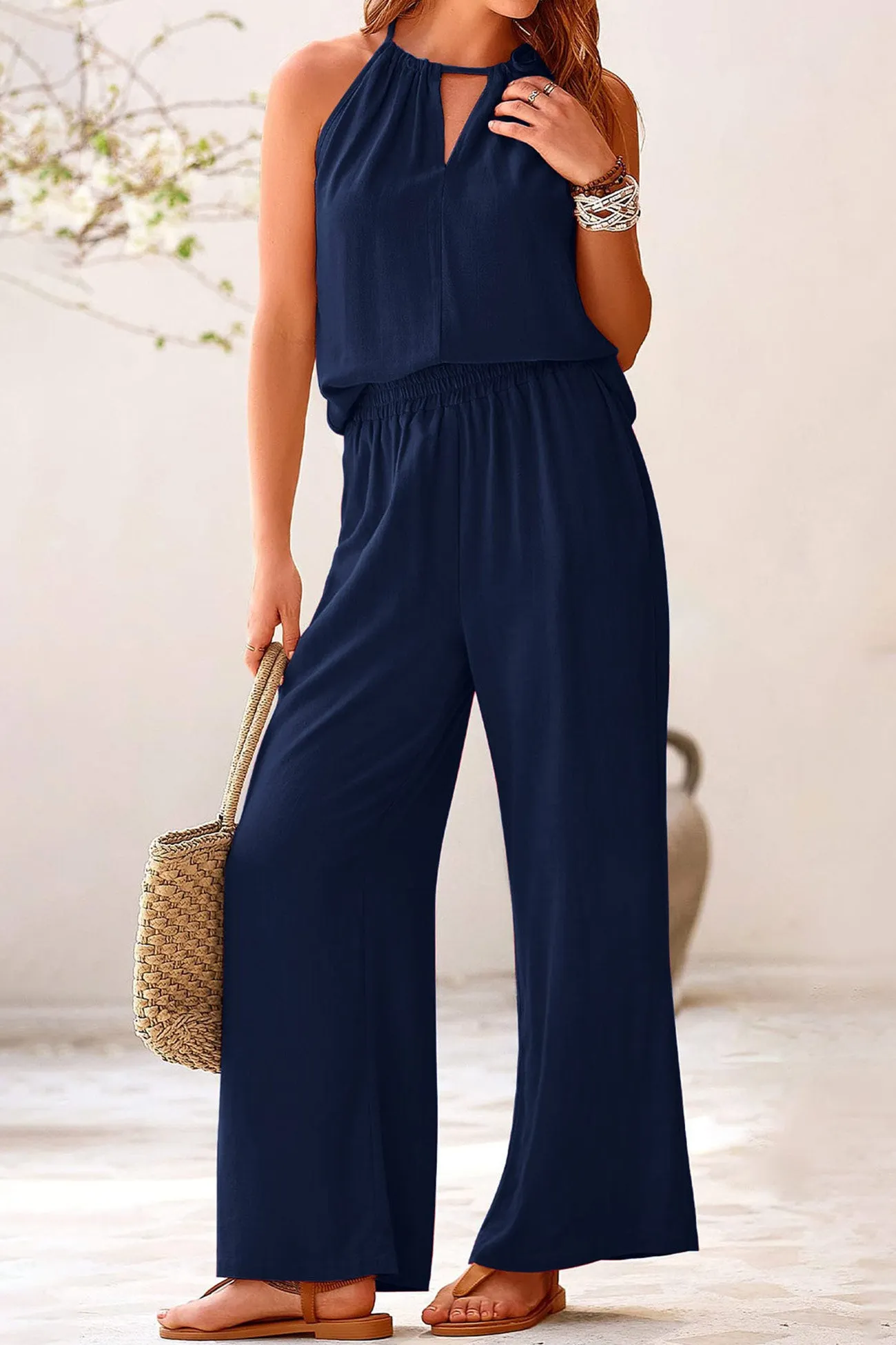Maxct Cotton Linen Tie-up Tank Pants Suits
