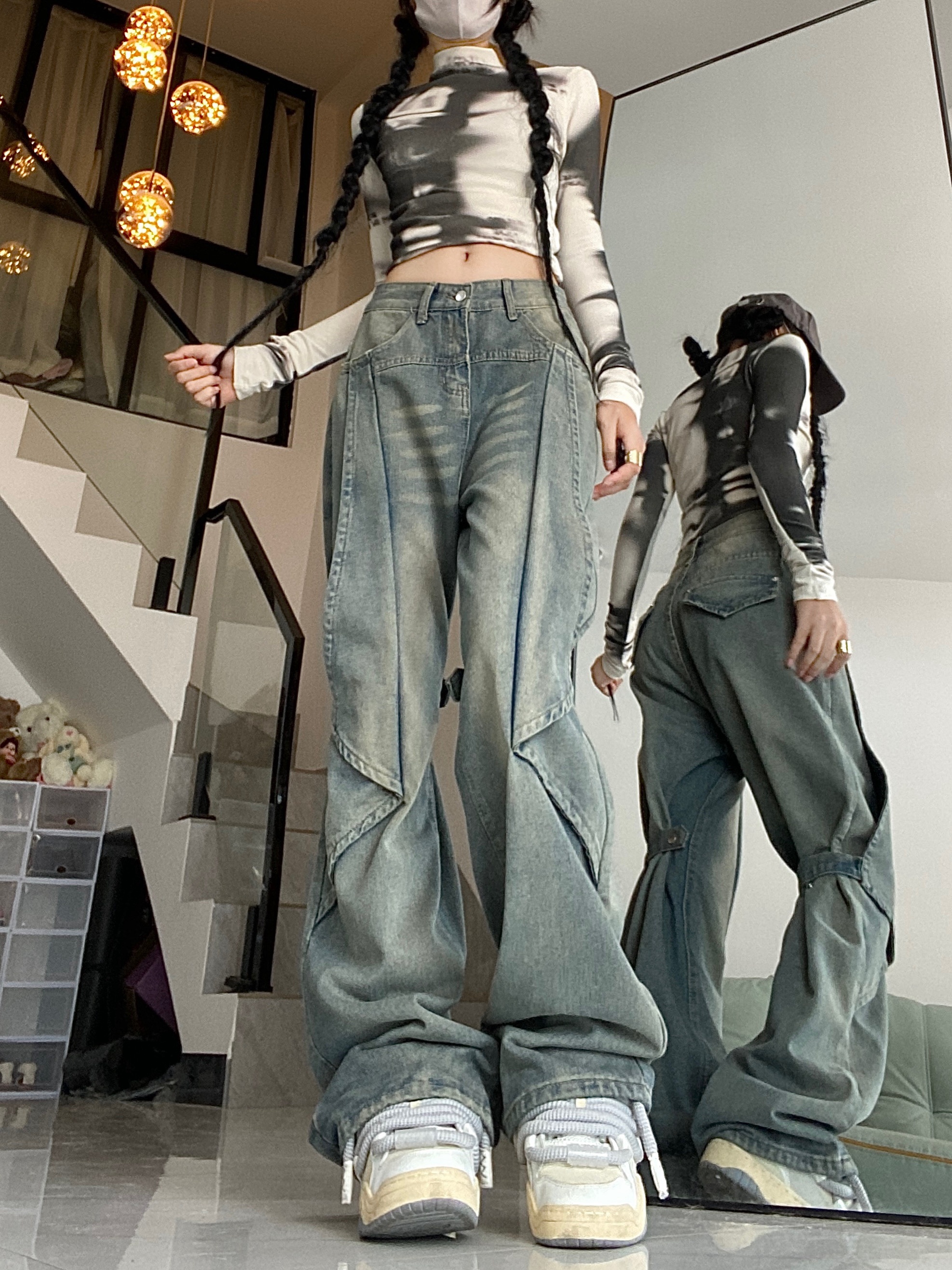 Baggy Blue Jeans High Waist Wide Leg