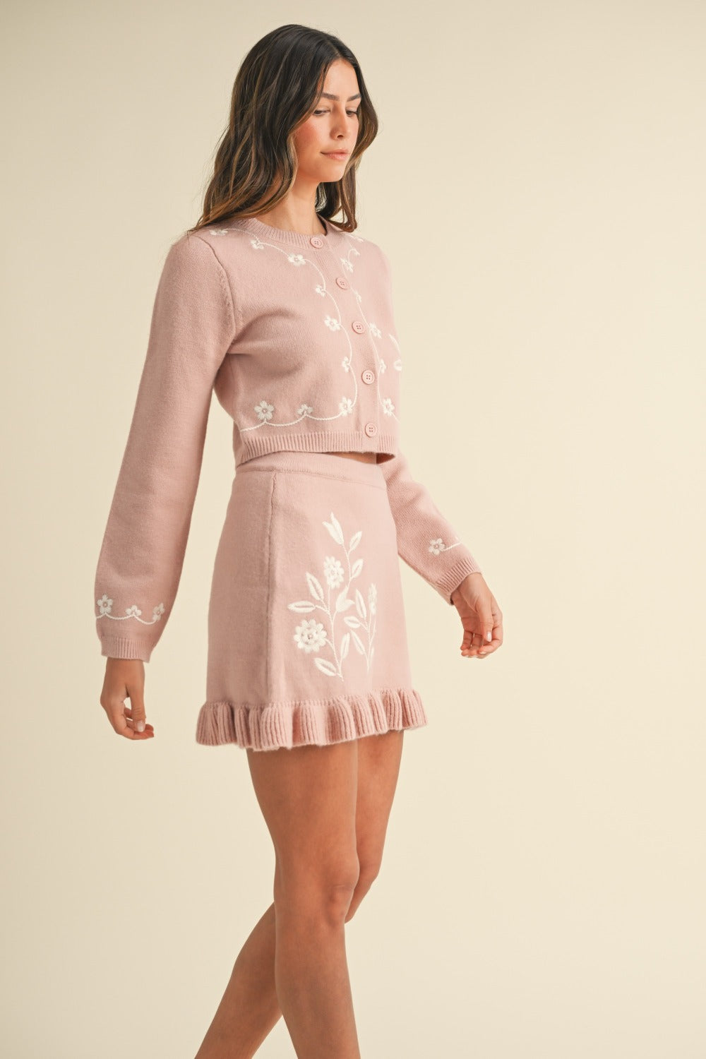 Maxct &MABLE Floral Embroidered Crop Cardigan and Ruffled Mini Skirt Set