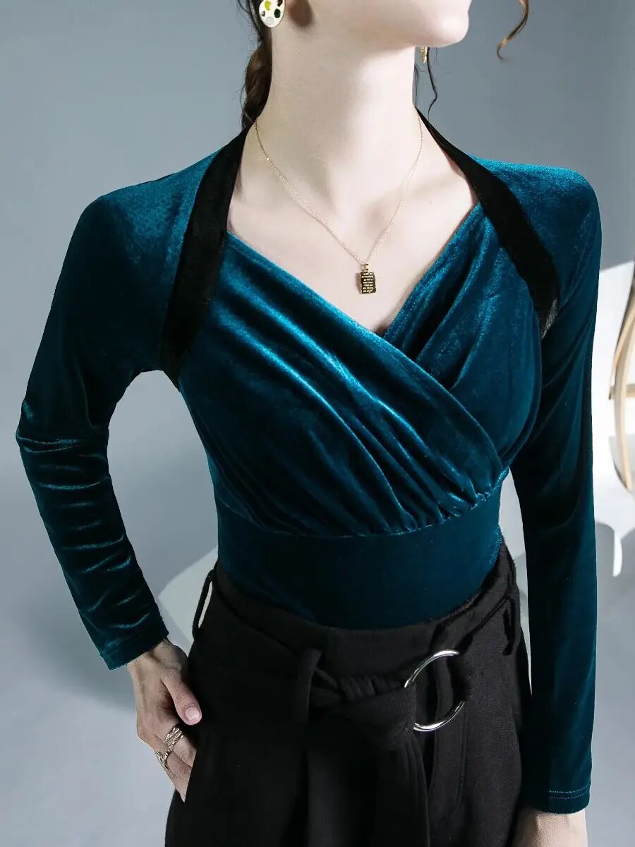Maxct TShirt Women Full Sleeve Vintage Crossed V Neck Tee Shirts Lady Stretchy Soft Fashion Base Tops T-shirts For Girls