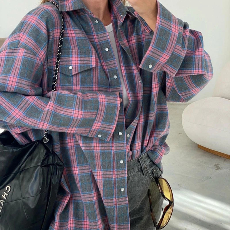 Maxct Retro Lapels Lattice Loose Shirt For Women Single-Breasted Long Sleeves Stripe Summer New Casual Versatile Pocket Shirt
