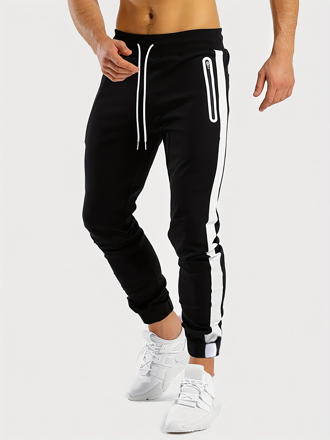 Men's Chic Zipper Pockets Casual Pants, Waist Drawstring Stretch Joggers Sweatpants