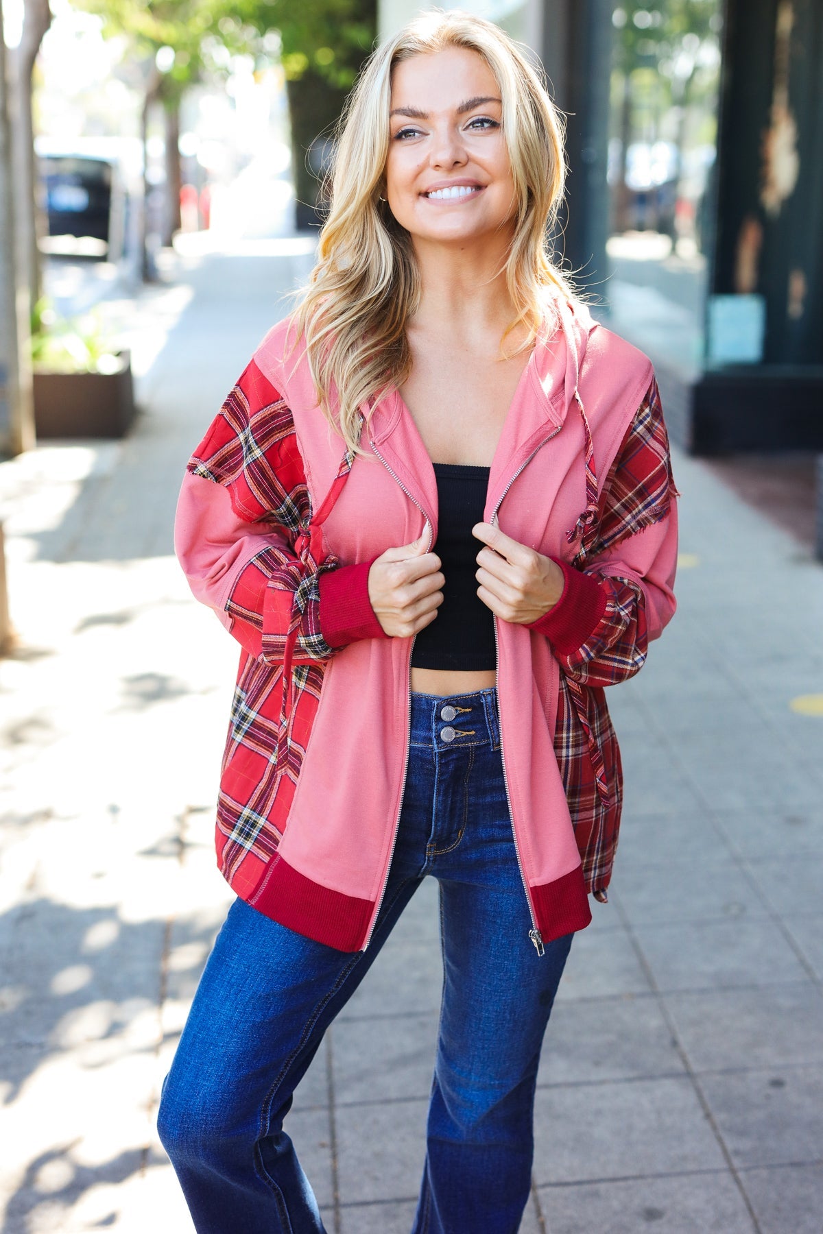 Maxct &Adorable in Marsala Plaid Color Block Zipper French Terry Hoodie
