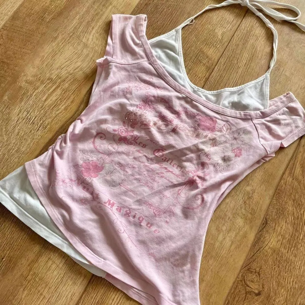 Retro Pink Hot Girl Halter Fake Two Piece Letter Print T-Shirt Y2K Streetwear Sexy Slim Harajuku Millennial Fashion Casual Tops