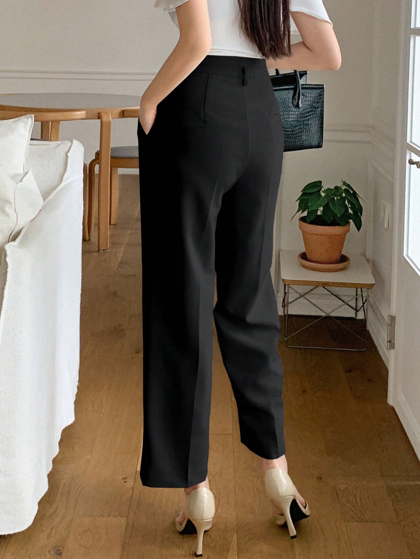 Maxct Solid Color Three Quarter Length Pocket Zipper Women's Suit Pants