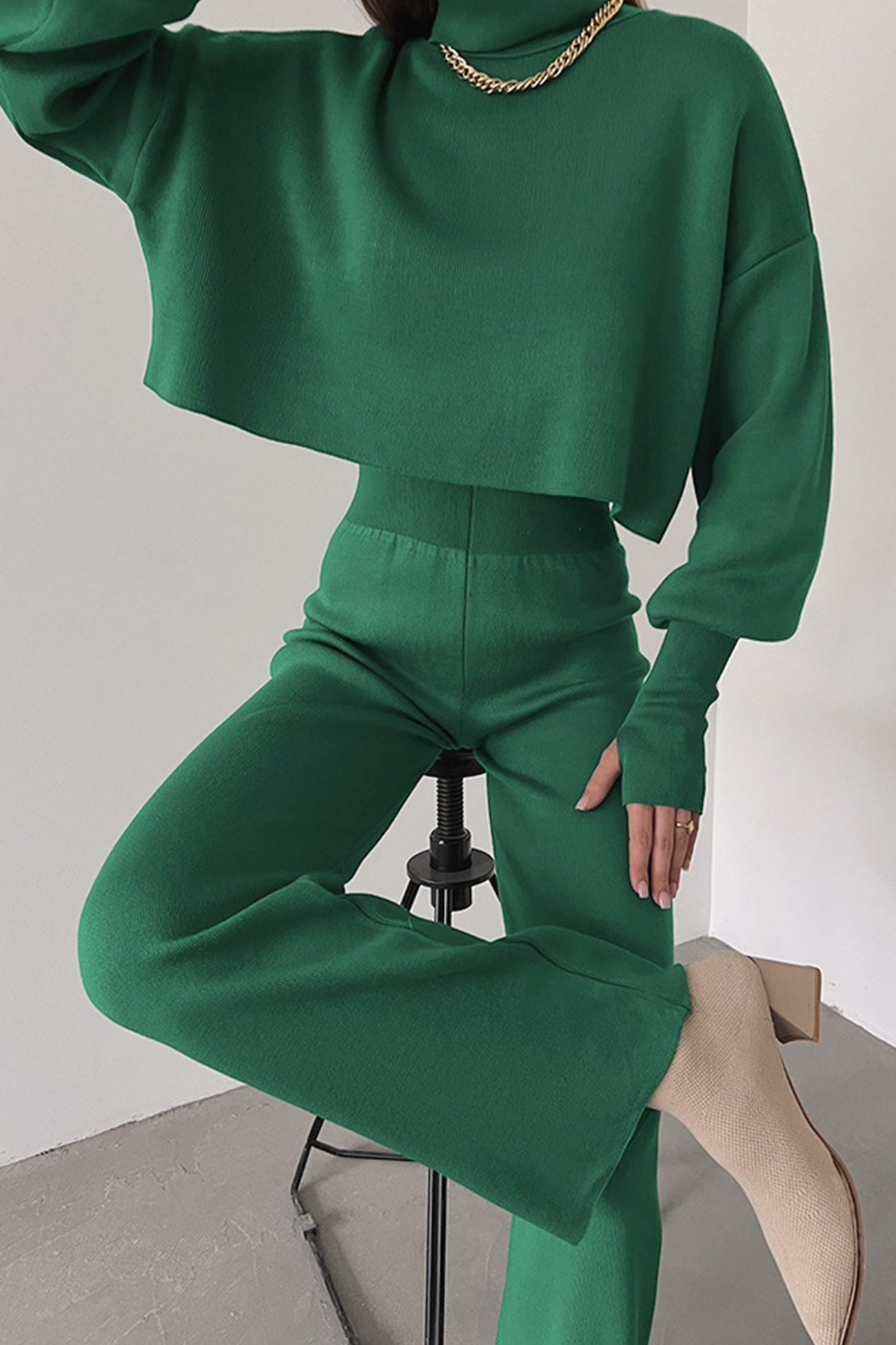 Maxct Solid High Neck Crop Top Long Pants Set