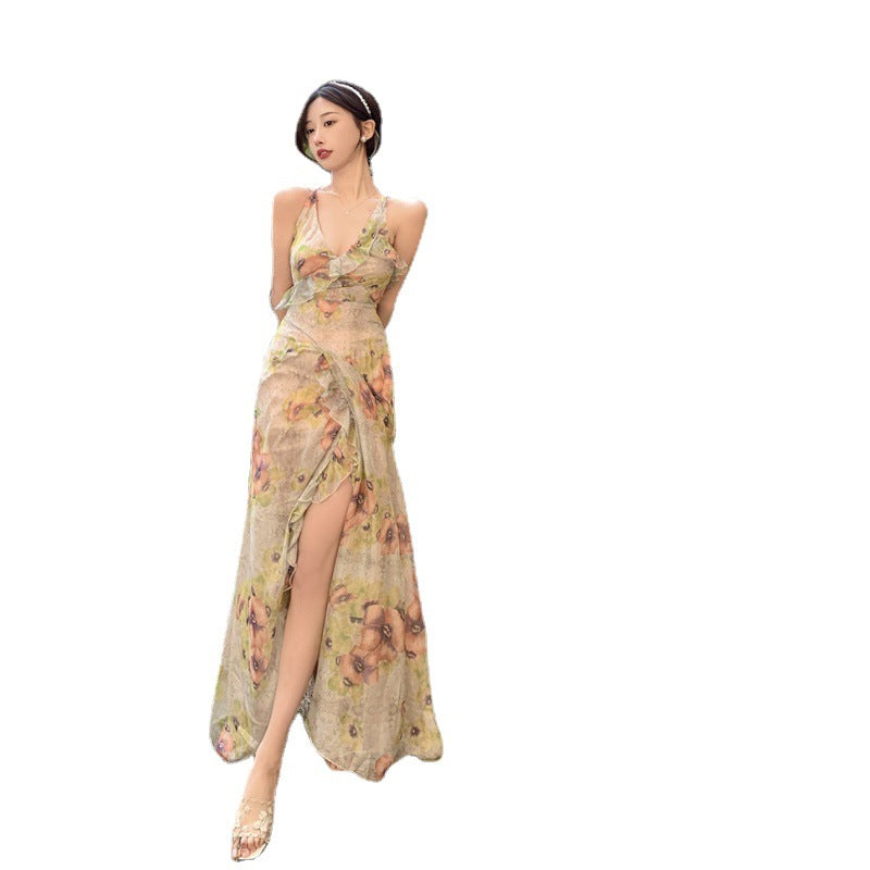 Vintage Print Halter Neck Fishtail Trim Sleeveless Maxi Dress - Apricot Maxct