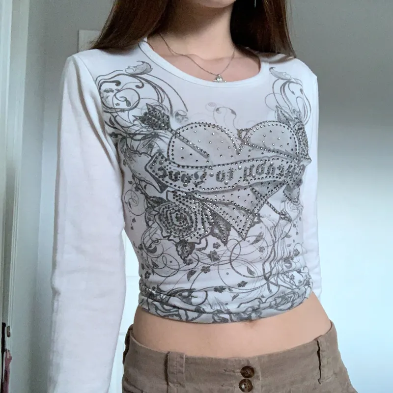 Graphics Print Y2K Retro T Shirt Indie Aesthetics Mall Goth Sweats Tees Autumn Spring Long Sleeve Crop Tops 90s Vintage Grunge