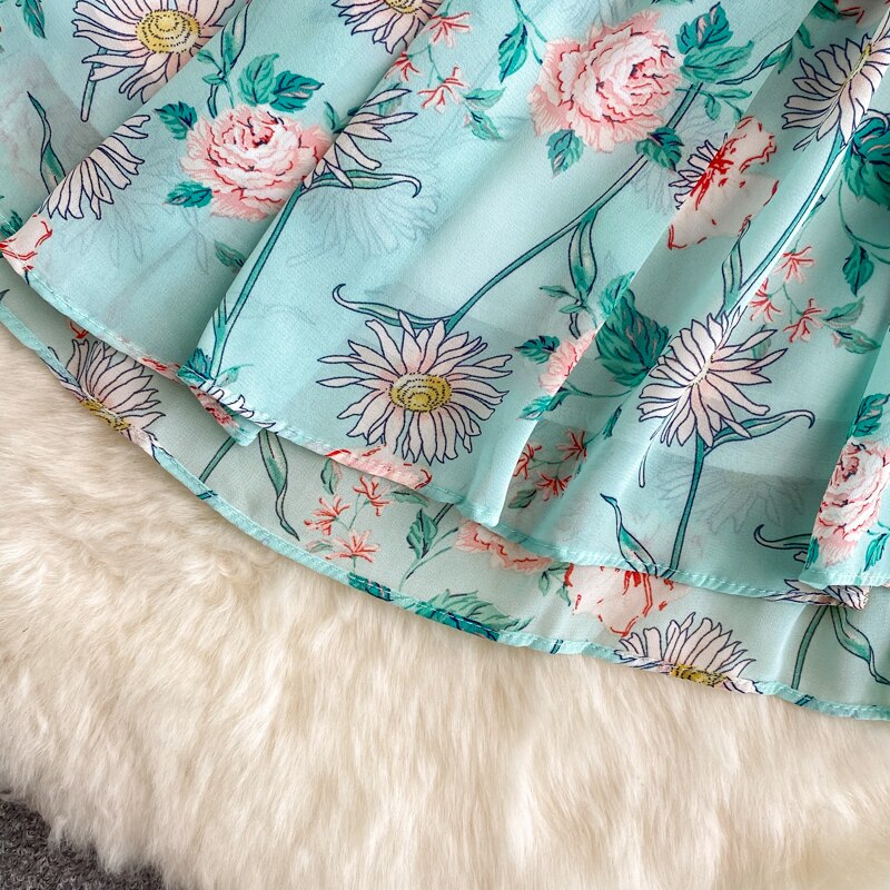 Women's Green/Purple/Beige Floral Chiffon Dress Bohemian V-Neck Lantern Long Sleeve High Waist Ruffle Vestidos Female New