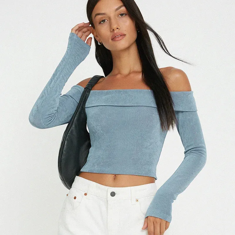 Maxct Autumn Spring Korean Off Shoulder T-shirt Chic Vintage Backless Slim Fit Crop Tops Women Fairy Coquette Tees Y2K Pretty Outfits